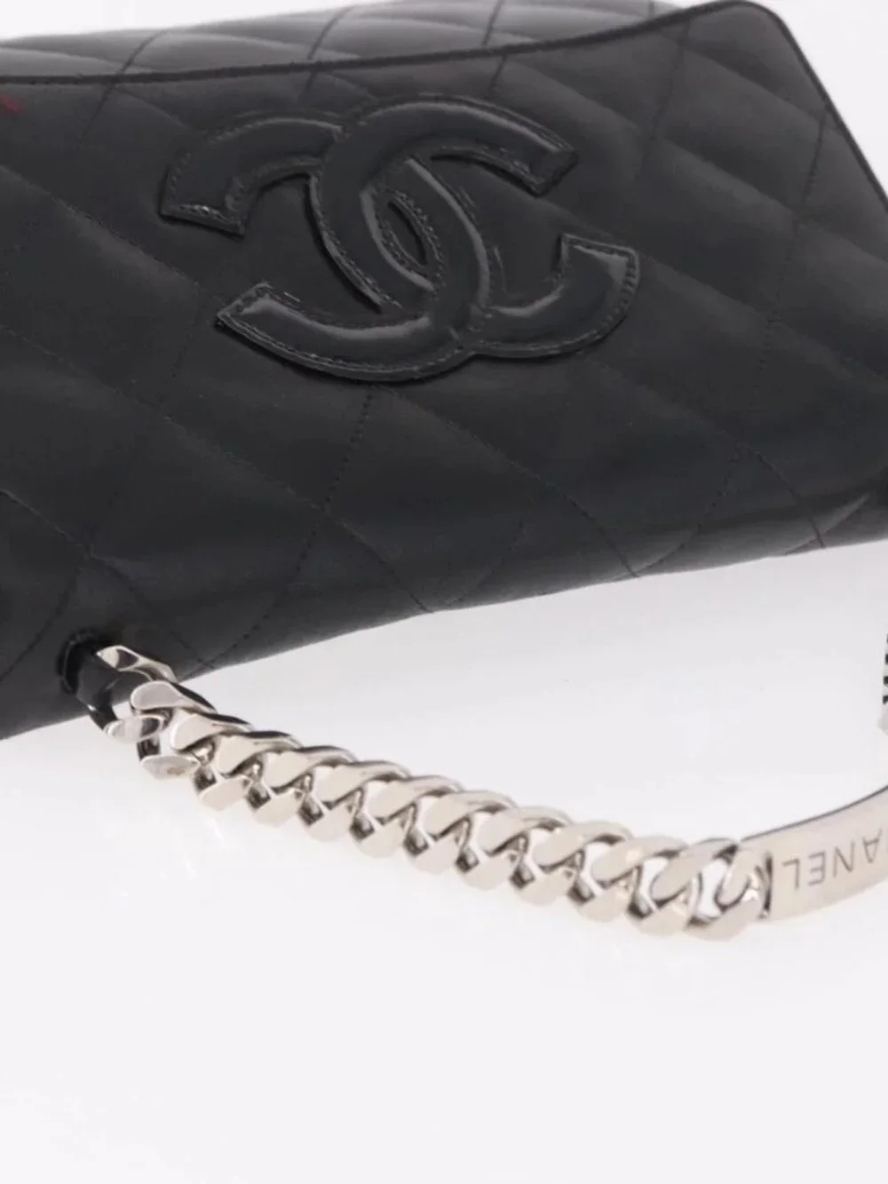 CHANEL Matelasse Chain Hand Bag Lamb Skin Black Silver CC Auth 185765